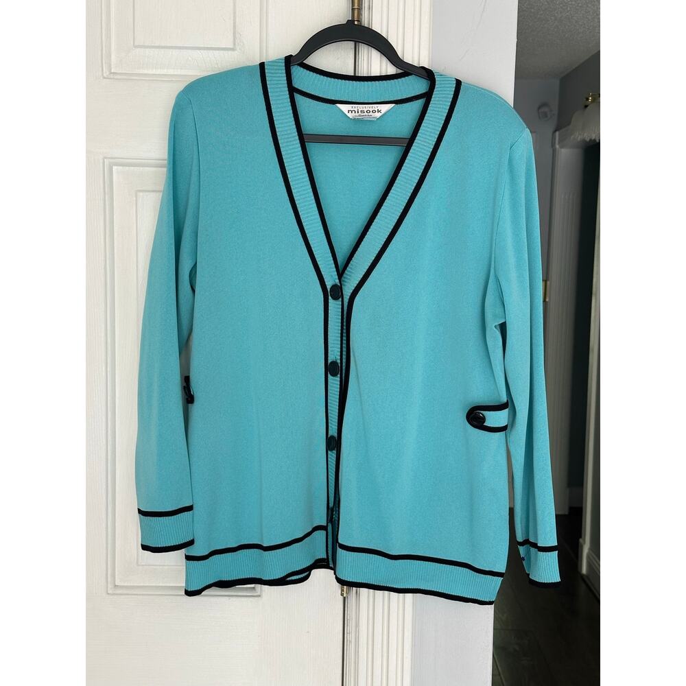 EUC Vintage Misook Jacket Petite Large Front Cardigan Classic Knit Aqua Black PL - Picture 3 of 12